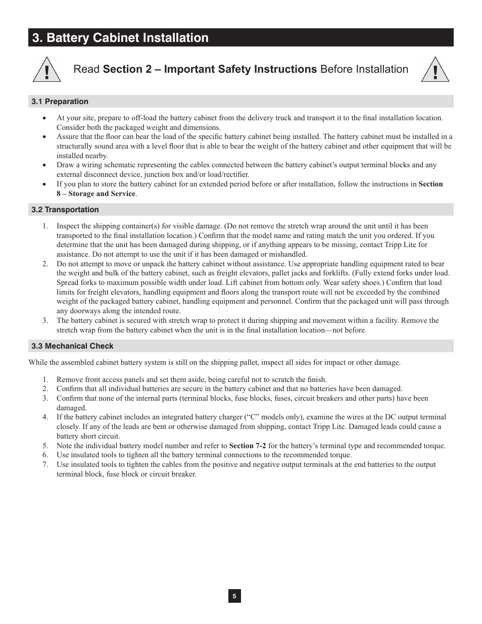 Battery cabinet installation, 1 preparation, 2 transportation | 3 mechanical check | Tripp Lite Extended-Run Single-Phase Battery Cabinet User Manual | Page 5 / 16