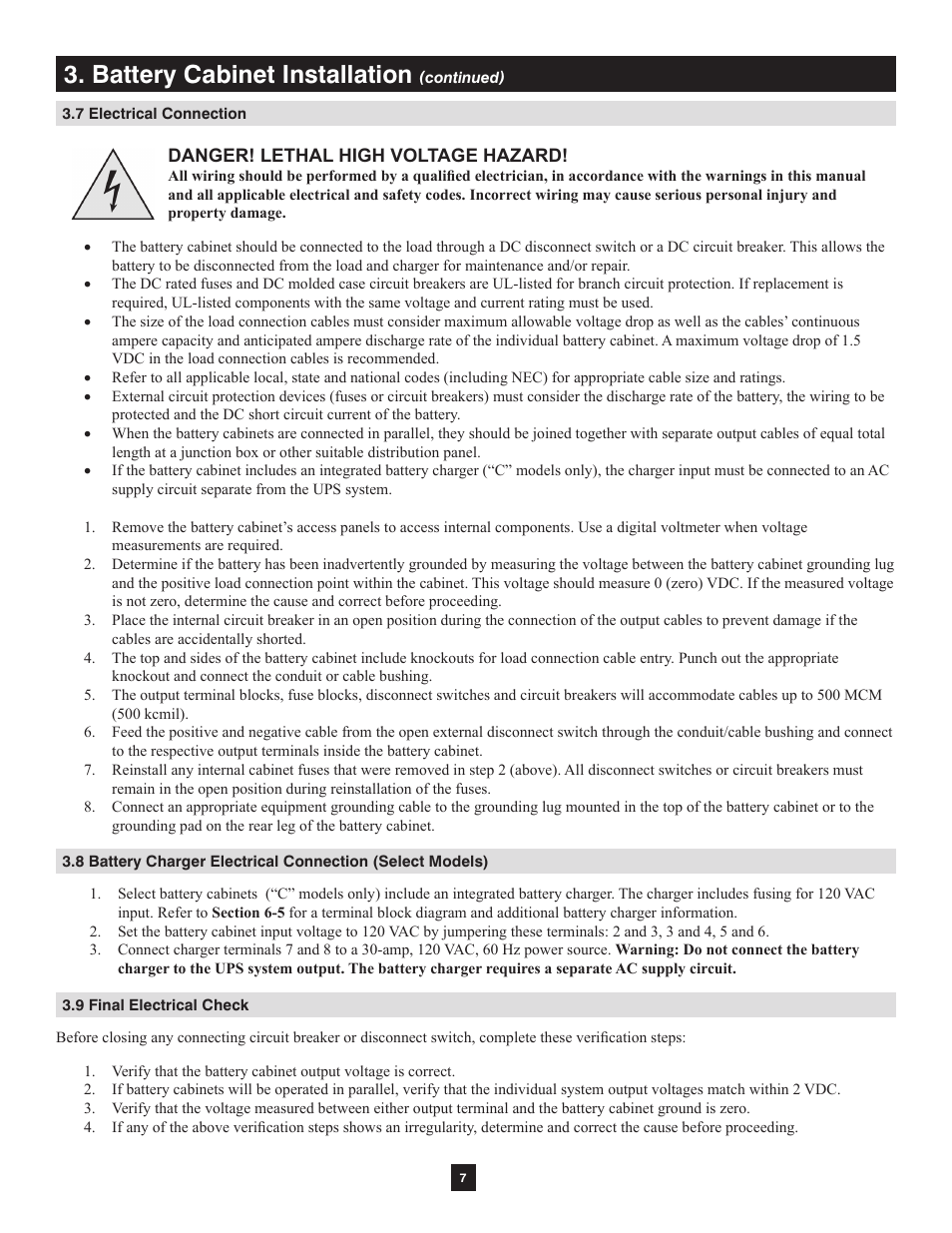 7 electrical connection, 9 final electrical check, Battery cabinet installation | Tripp Lite Extended-Run Single-Phase Battery Cabinet User Manual | Page 7 / 16