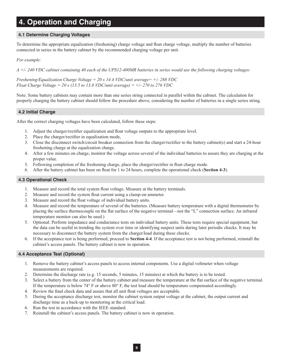 Operation and charging, 1 determine charging voltages, 2 initial charge | 3 operational check, 4 acceptance test (optional) | Tripp Lite Extended-Run Single-Phase Battery Cabinet User Manual | Page 9 / 16