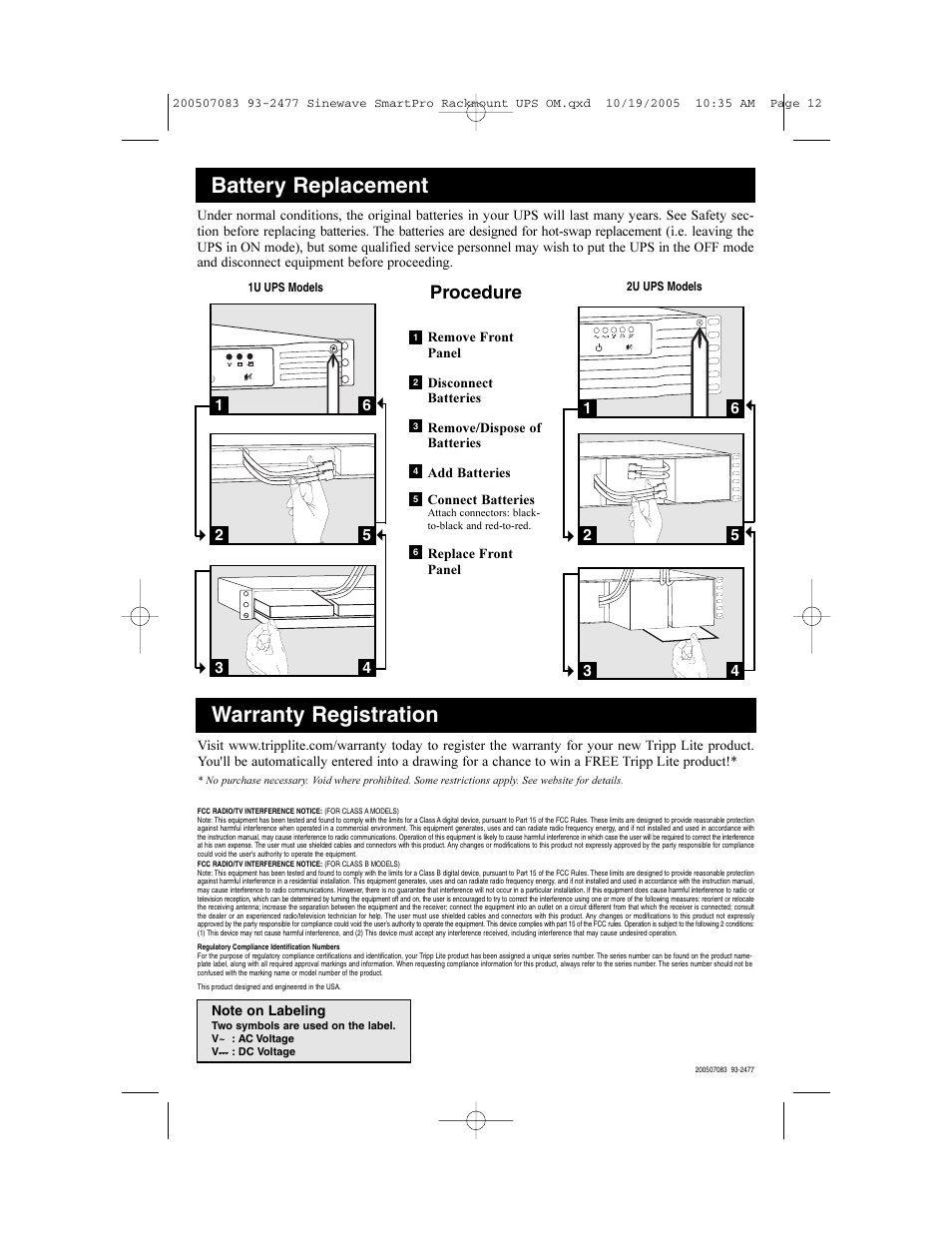 Battery replacement, Warranty registration, Procedure | Tripp Lite 2POSTRMKITWM User Manual | Page 12 / 12