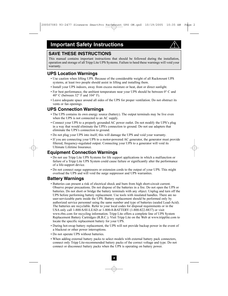 Important safety instructions | Tripp Lite 2POSTRMKITWM User Manual | Page 2 / 12