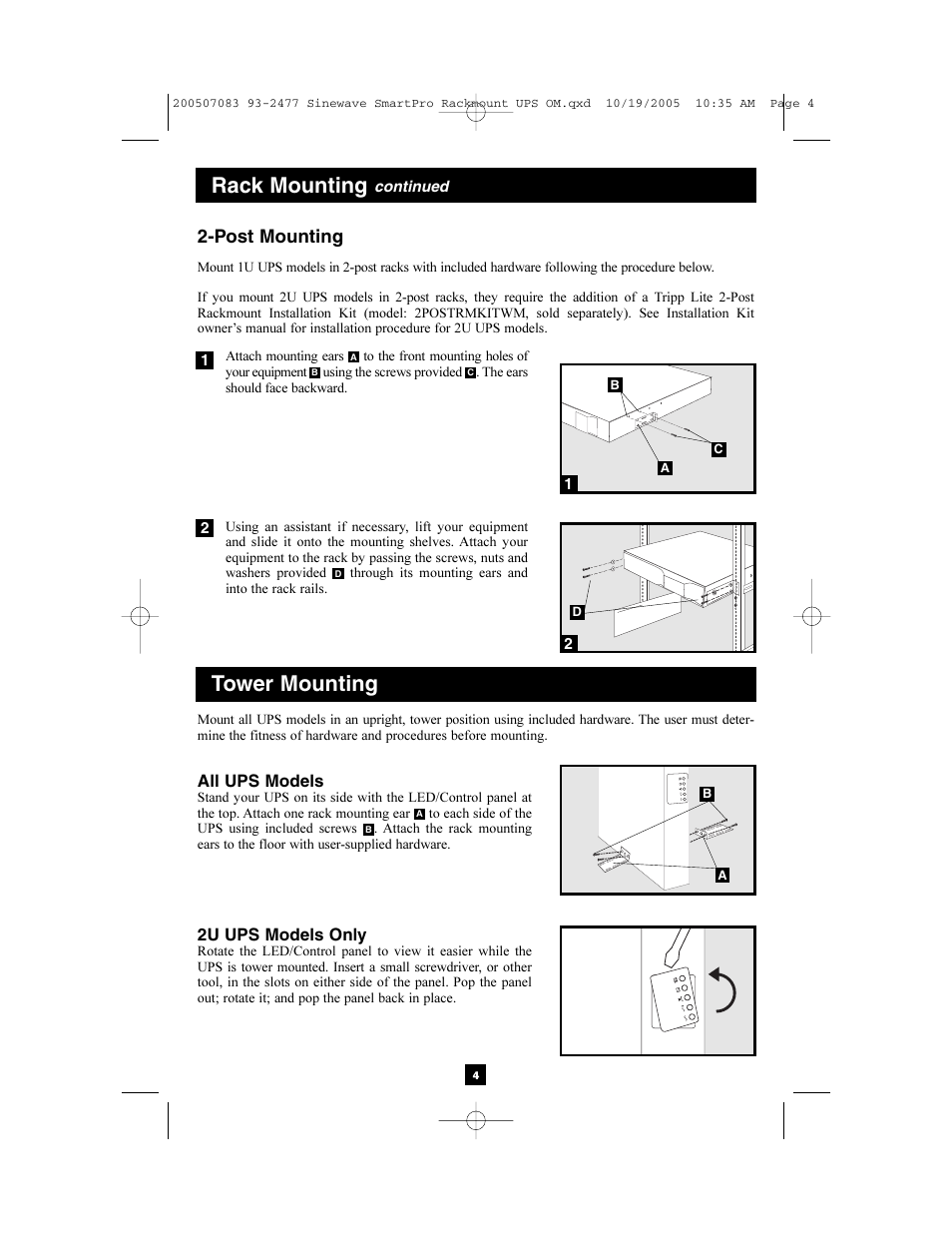 Rack mounting, Tower mounting, Post mounting | All ups models, 2u ups models only | Tripp Lite 2POSTRMKITWM User Manual | Page 4 / 12
