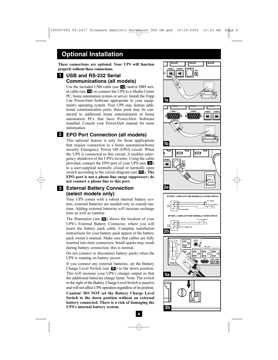 Optional installation, Usb and rs-232 serial communications (all models), Epo port connection (all models) | External battery connection (select models only) | Tripp Lite 2POSTRMKITWM User Manual | Page 6 / 12