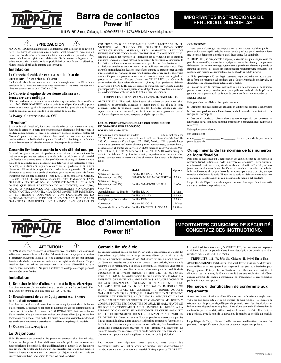 Barra de contactos, Bloc d'alimentation, Power it | Importantes instrucciones de seguridad. guárdelas | Tripp Lite Power Strip User Manual | Page 2 / 2