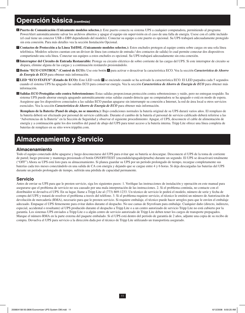 Operación básica, Almacenamiento y servicio, Almacenamiento | Servicio | Tripp Lite ECO UPS System User Manual | Page 11 / 18