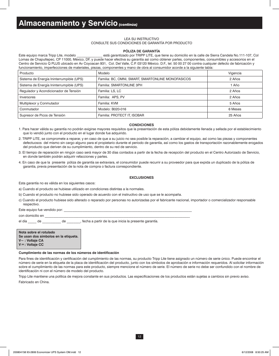 Almacenamiento y servicio | Tripp Lite ECO UPS System User Manual | Page 12 / 18