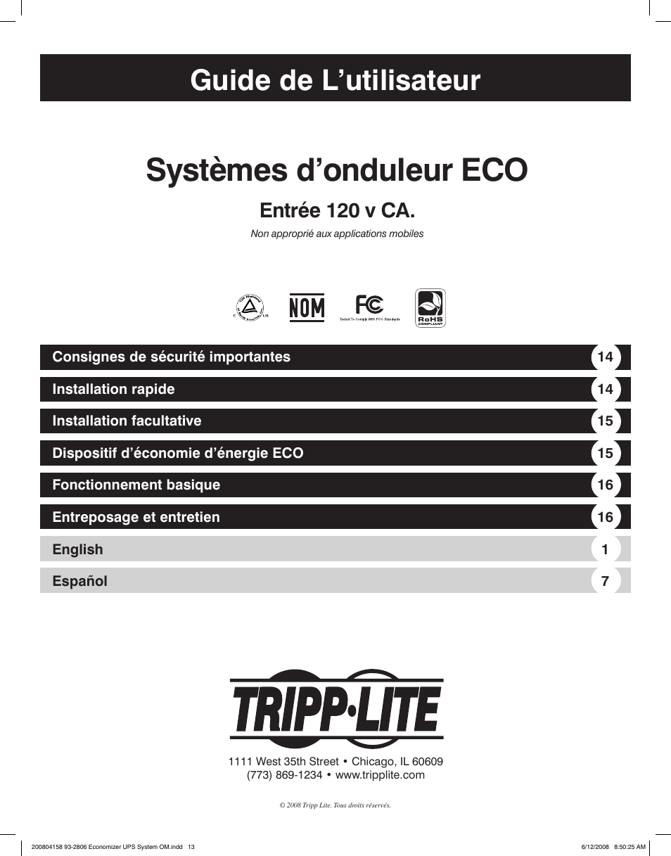 Systèmes d’onduleur eco, Guide de l’utilisateur, Entrée 120 v ca | Tripp Lite ECO UPS System User Manual | Page 13 / 18