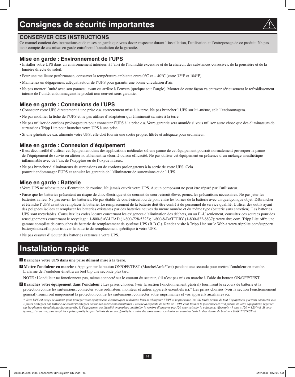 Consignes de sécurité importantes, Installation rapide, Conserver ces instructions | Mise en garde : environnement de l’ups, Mise en garde : connexions de l’ups, Mise en garde : connexion d’équipement, Mise en garde : batterie | Tripp Lite ECO UPS System User Manual | Page 14 / 18