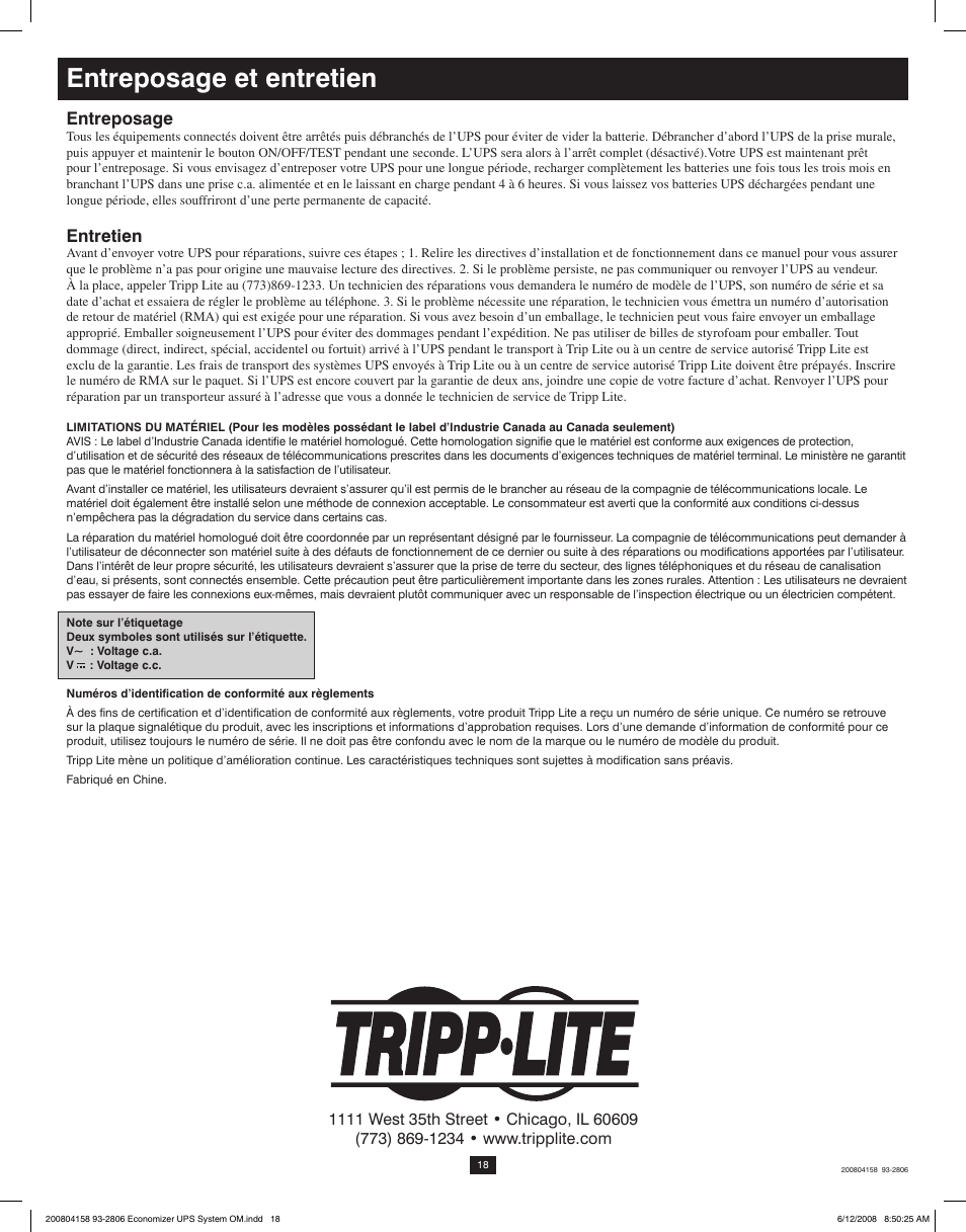 Entreposage et entretien, Entreposage, Entretien | Tripp Lite ECO UPS System User Manual | Page 18 / 18