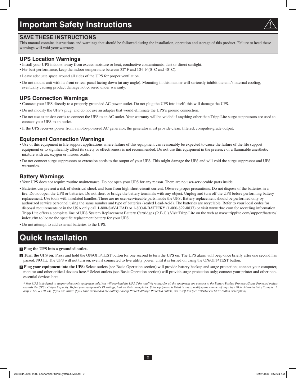 Important safety instructions, Quick installation, Save these instructions | Ups location warnings, Ups connection warnings, Equipment connection warnings, Battery warnings | Tripp Lite ECO UPS System User Manual | Page 2 / 18