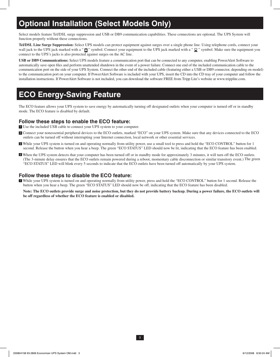 Optional installation (select models only), Eco energy-saving feature, Follow these steps to enable the eco feature | Follow these steps to disable the eco feature | Tripp Lite ECO UPS System User Manual | Page 3 / 18