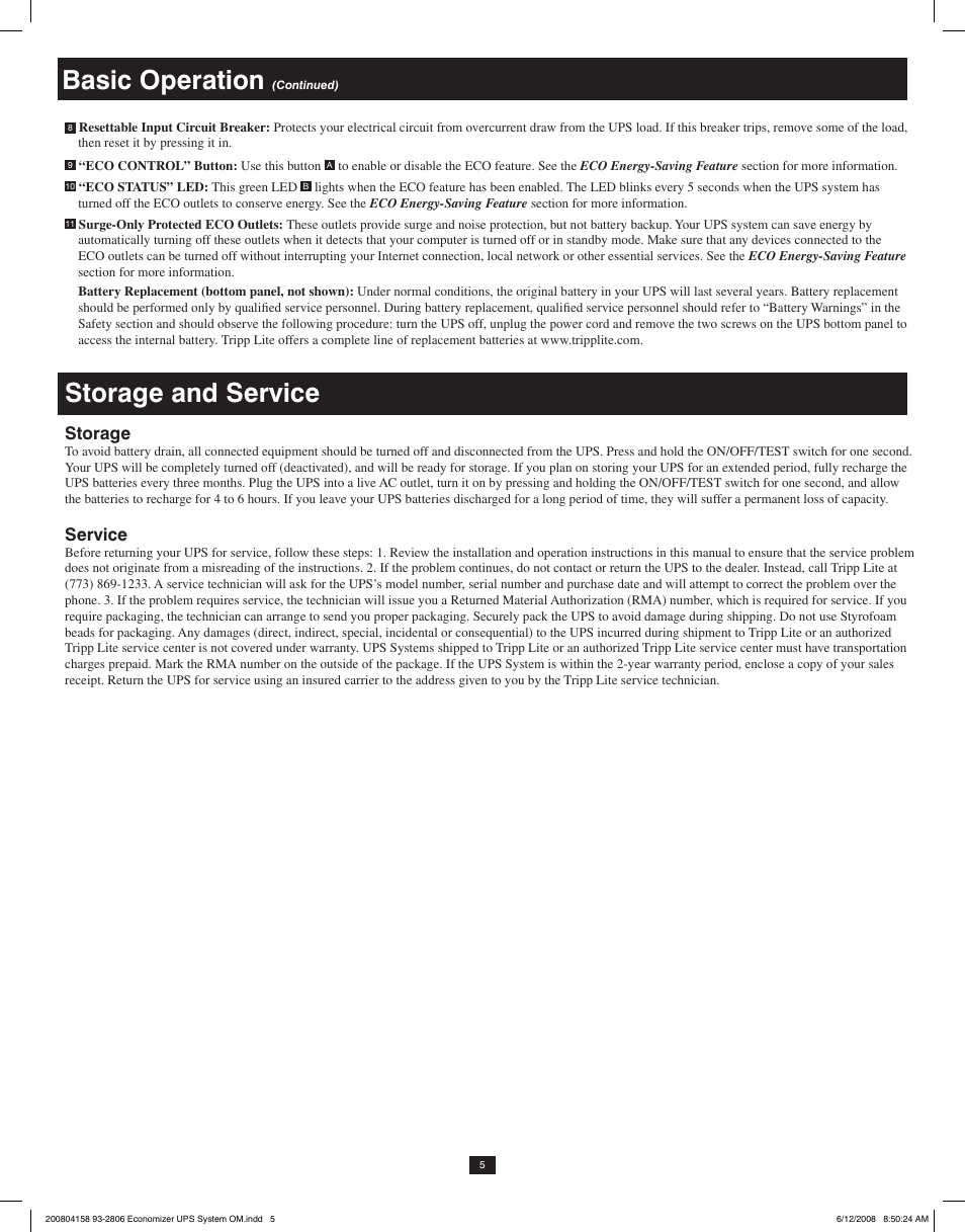 Basic operation, Storage and service, Storage | Service | Tripp Lite ECO UPS System User Manual | Page 5 / 18