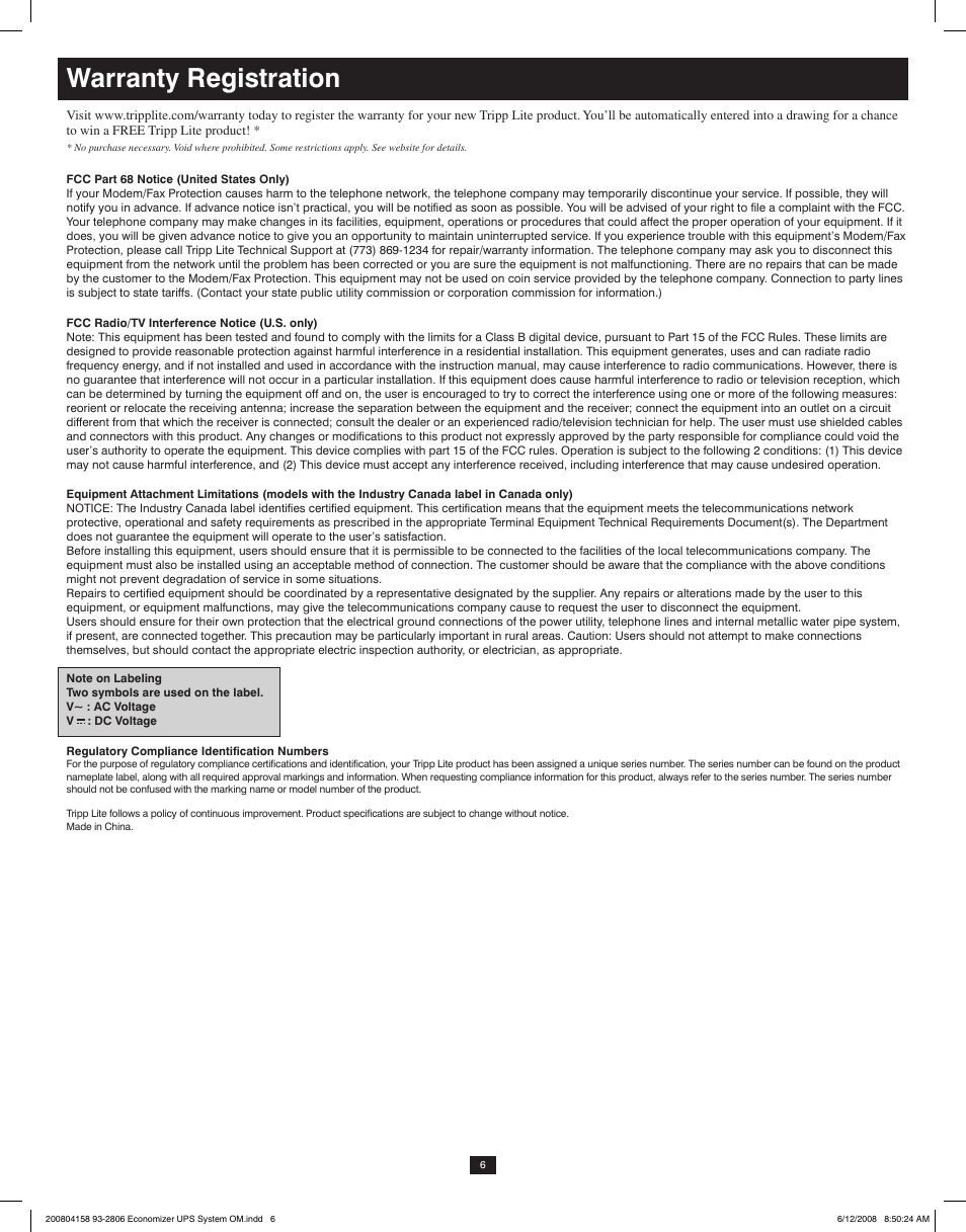 Warranty registration | Tripp Lite ECO UPS System User Manual | Page 6 / 18