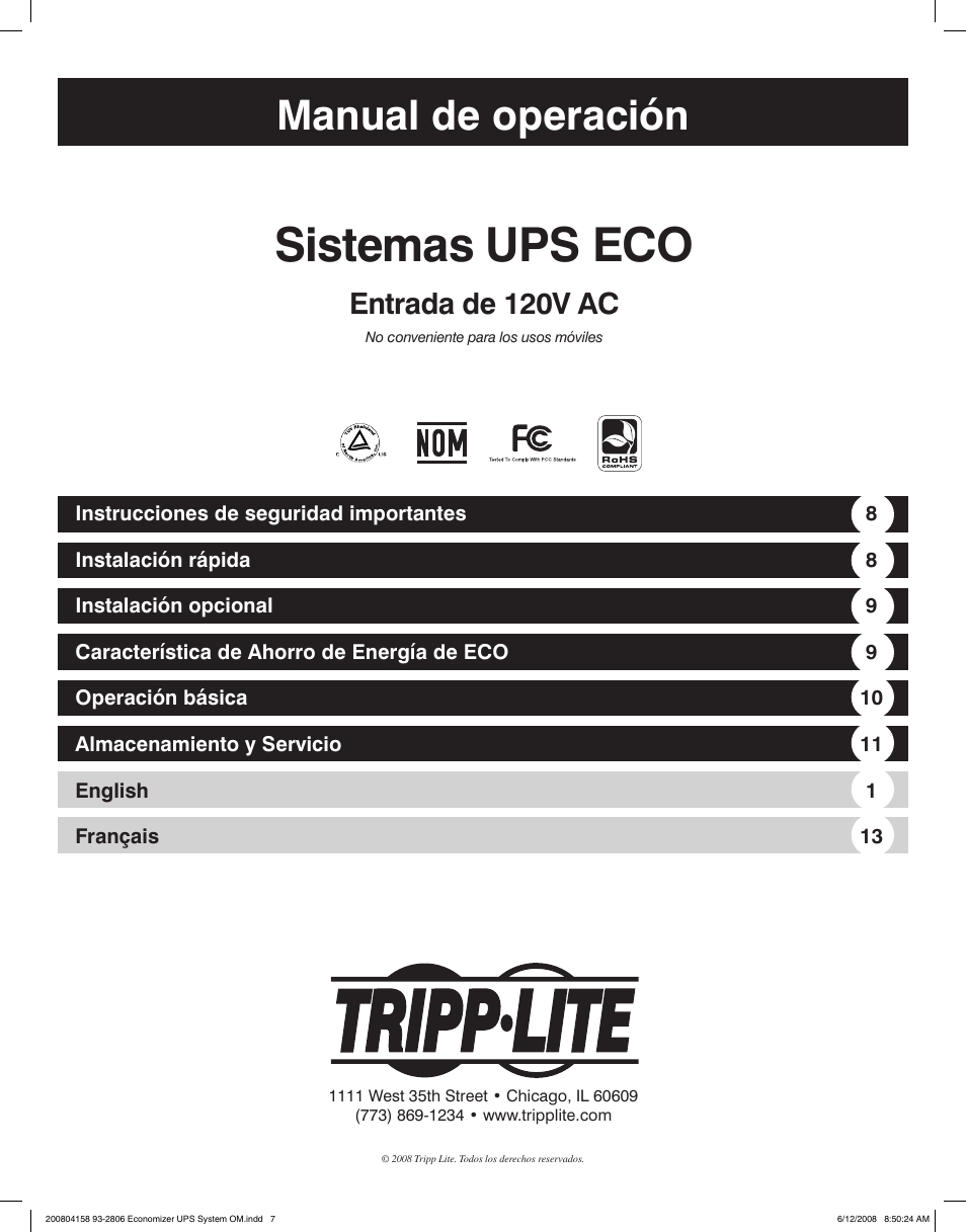 Sistemas ups eco, Manual de operación, Entrada de 120v ac | Tripp Lite ECO UPS System User Manual | Page 7 / 18