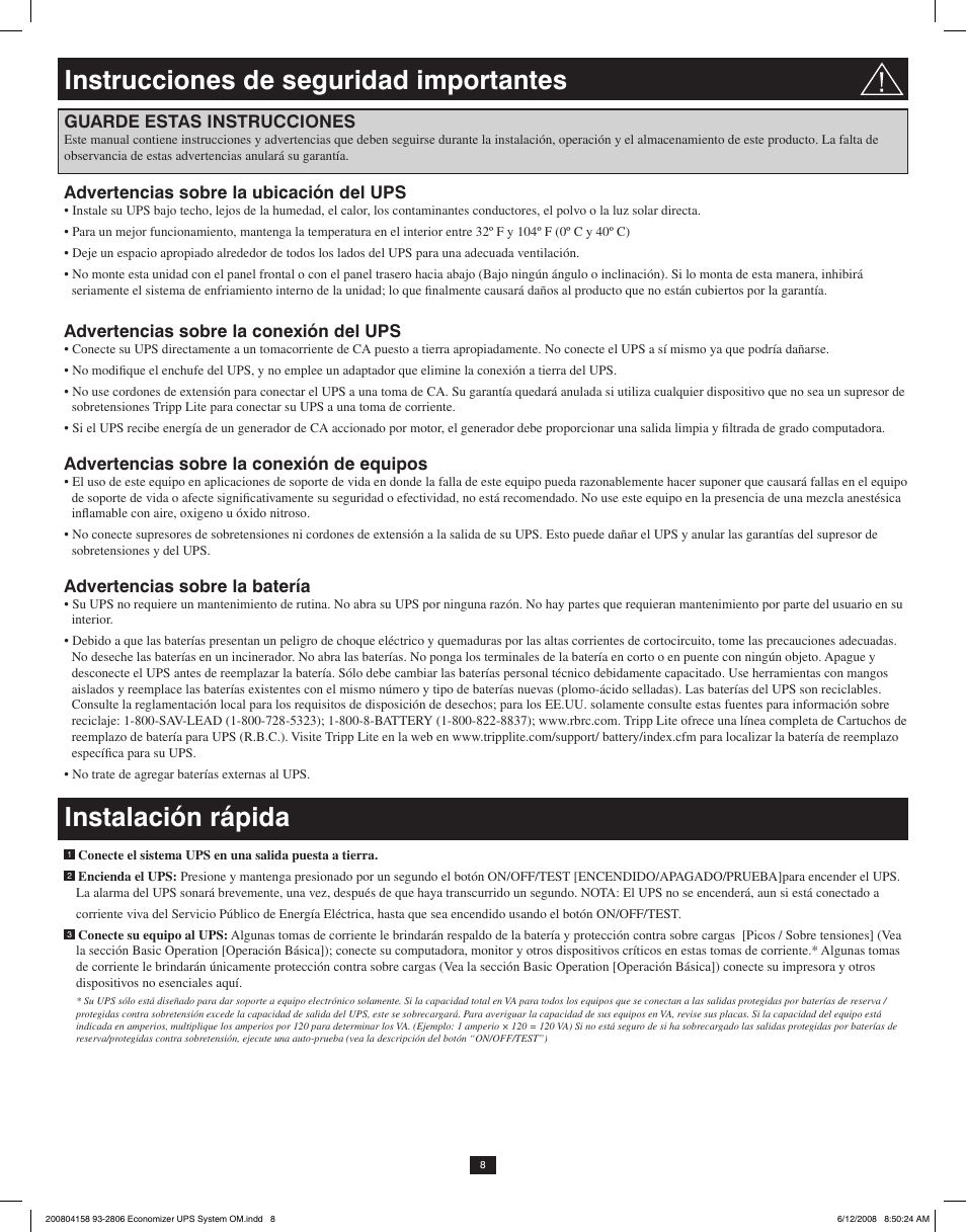 Instrucciones de seguridad importantes, Instalación rápida, Guarde estas instrucciones | Advertencias sobre la ubicación del ups, Advertencias sobre la conexión del ups, Advertencias sobre la conexión de equipos, Advertencias sobre la batería | Tripp Lite ECO UPS System User Manual | Page 8 / 18