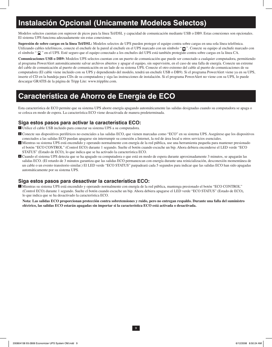 Instalación opcional (unicamente modelos selectos), Característica de ahorro de energía de eco | Tripp Lite ECO UPS System User Manual | Page 9 / 18