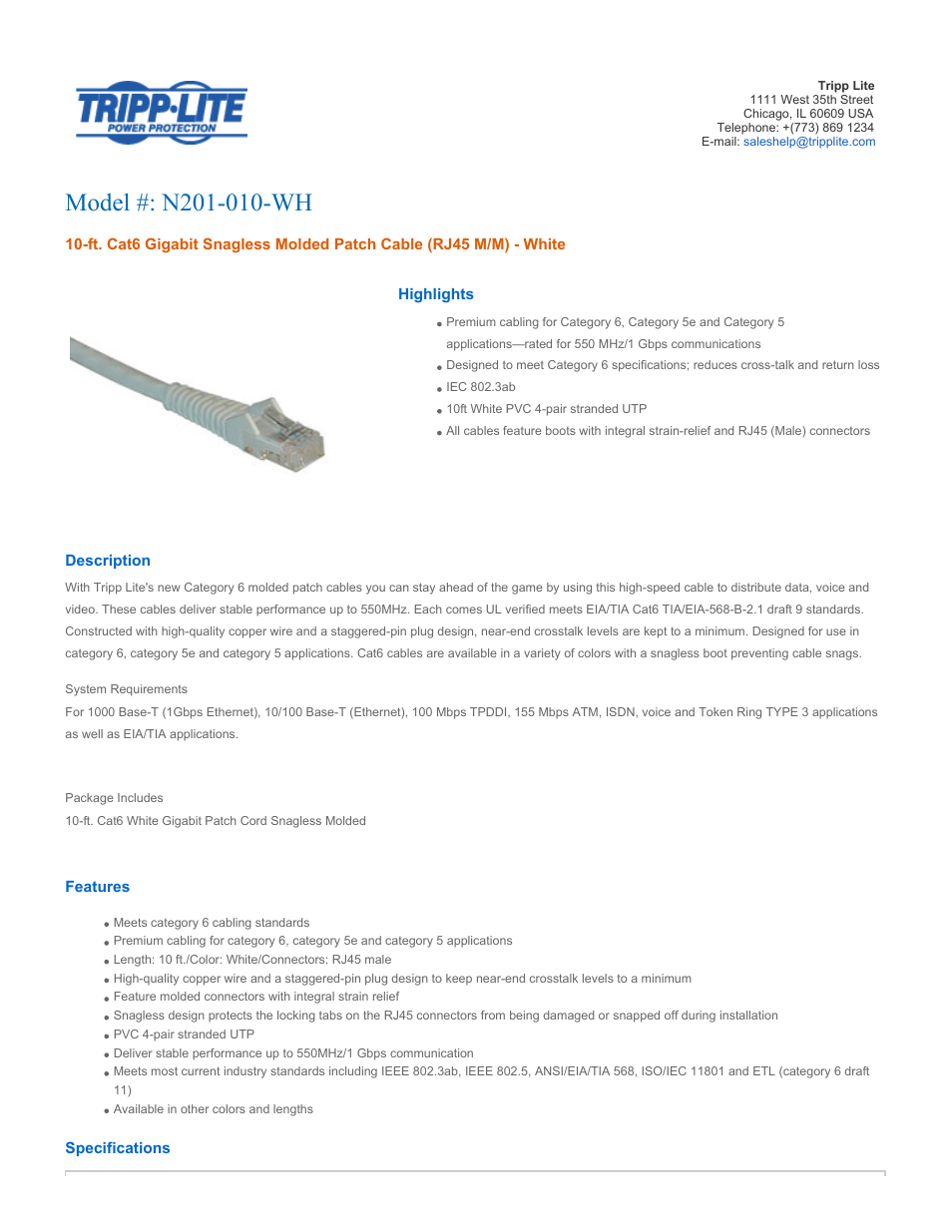 Tripp Lite N201-010-WH User Manual | 2 pages