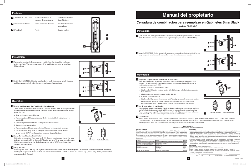 Manual del propietario, Modelo: srcombo | Tripp Lite SRCOMBO User Manual | Page 2 / 2