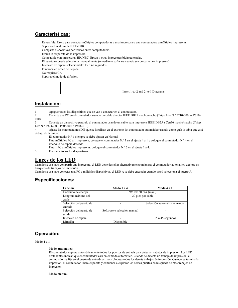 Luces de los led, Características, Instalación | Especificaciones, Operación | Tripp Lite PARALLEL REVERSIBLE B170-004-R User Manual | Page 10 / 22
