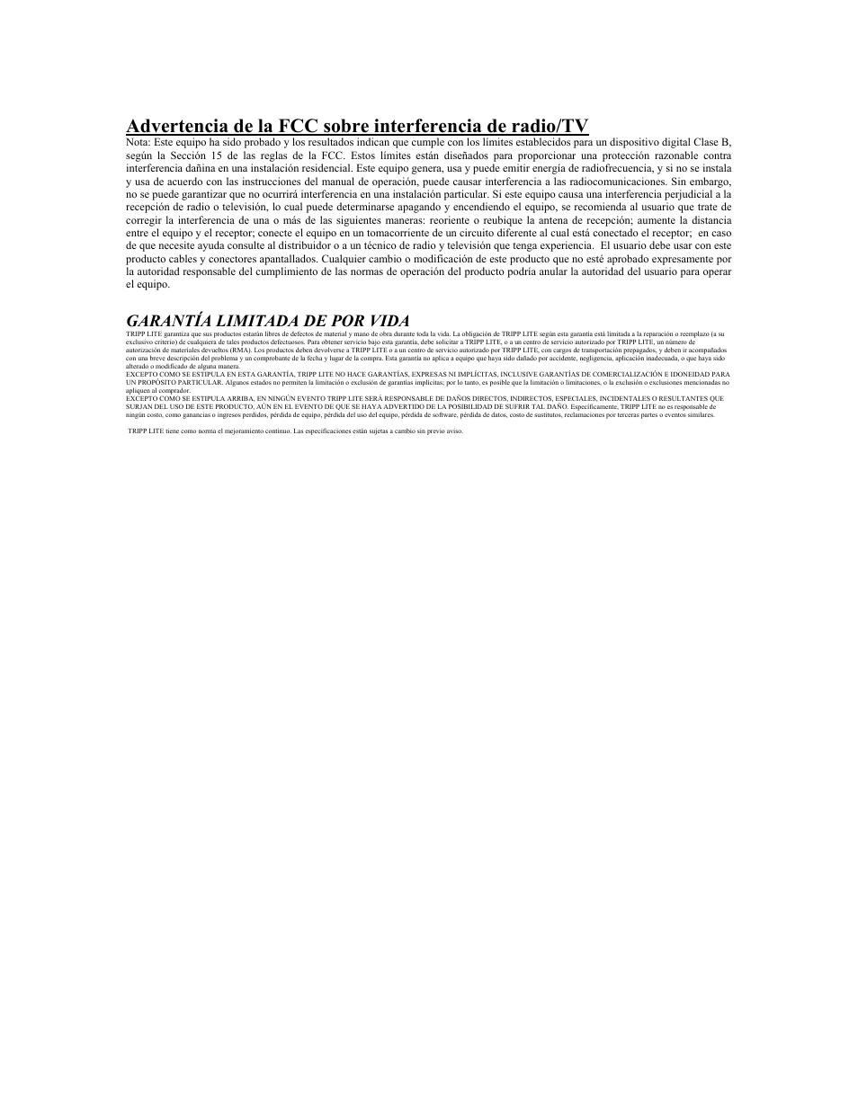 Garantía limitada de por vida | Tripp Lite PARALLEL REVERSIBLE B170-004-R User Manual | Page 12 / 22