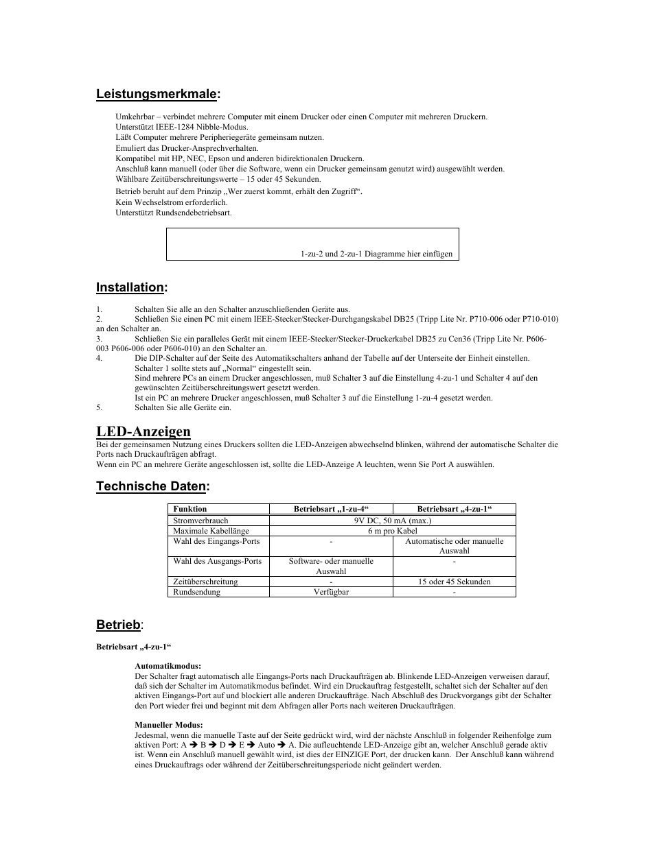 Led-anzeigen, Leistungsmerkmale, Installation | Technische daten, Betrieb | Tripp Lite PARALLEL REVERSIBLE B170-004-R User Manual | Page 14 / 22