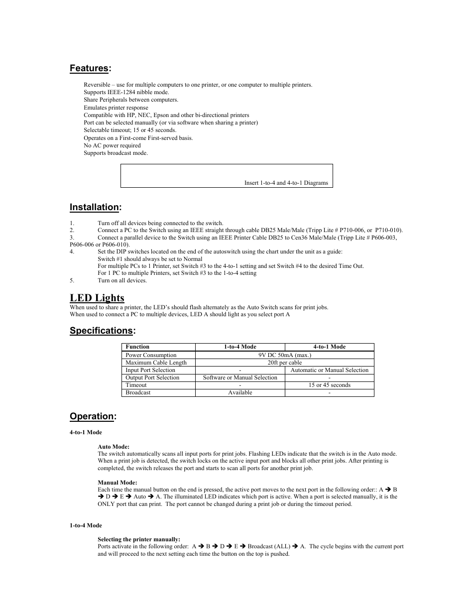 Led lights, Features, Installation | Specifications, Operation | Tripp Lite PARALLEL REVERSIBLE B170-004-R User Manual | Page 2 / 22