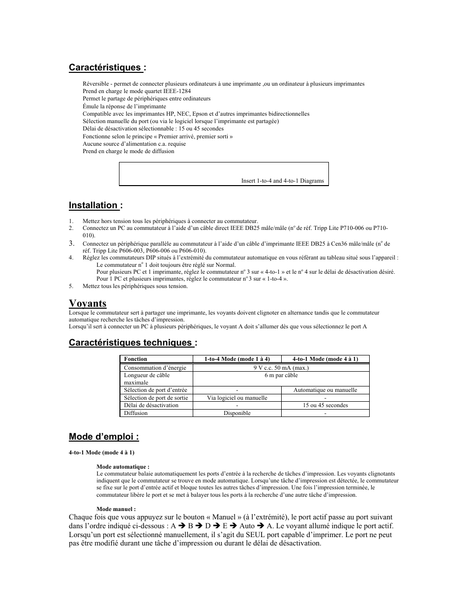 Voyants, Caractéristiques, Installation | Caractéristiques techniques, Mode d’emploi | Tripp Lite PARALLEL REVERSIBLE B170-004-R User Manual | Page 6 / 22