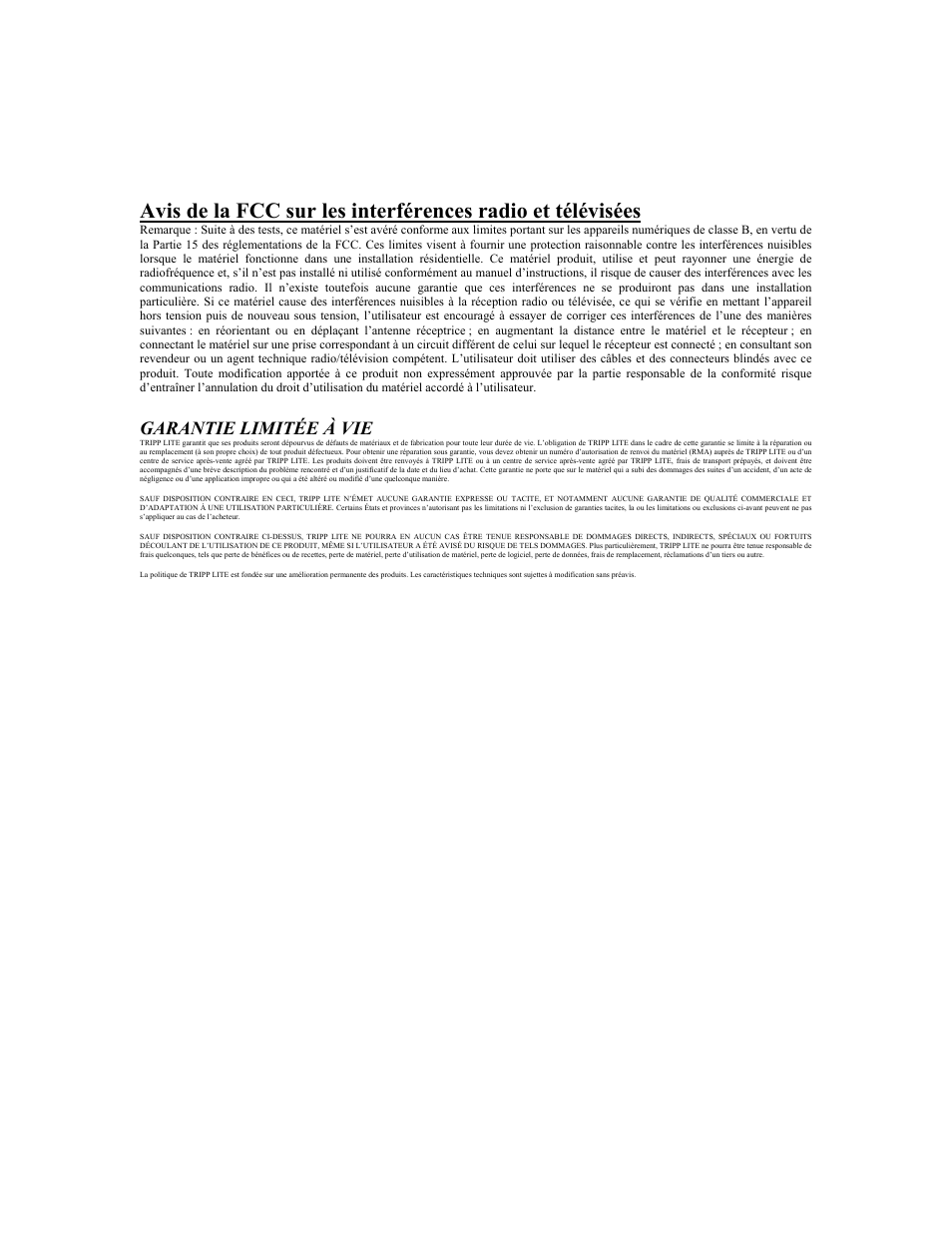 Garantie limitée à vie | Tripp Lite PARALLEL REVERSIBLE B170-004-R User Manual | Page 8 / 22