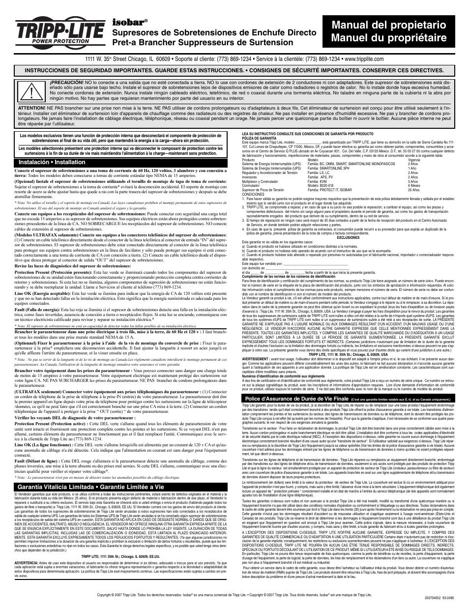 Manual del propietario manuel du propriétaire, Iis so ob ba ar r | Tripp Lite 93-2485 User Manual | Page 2 / 3
