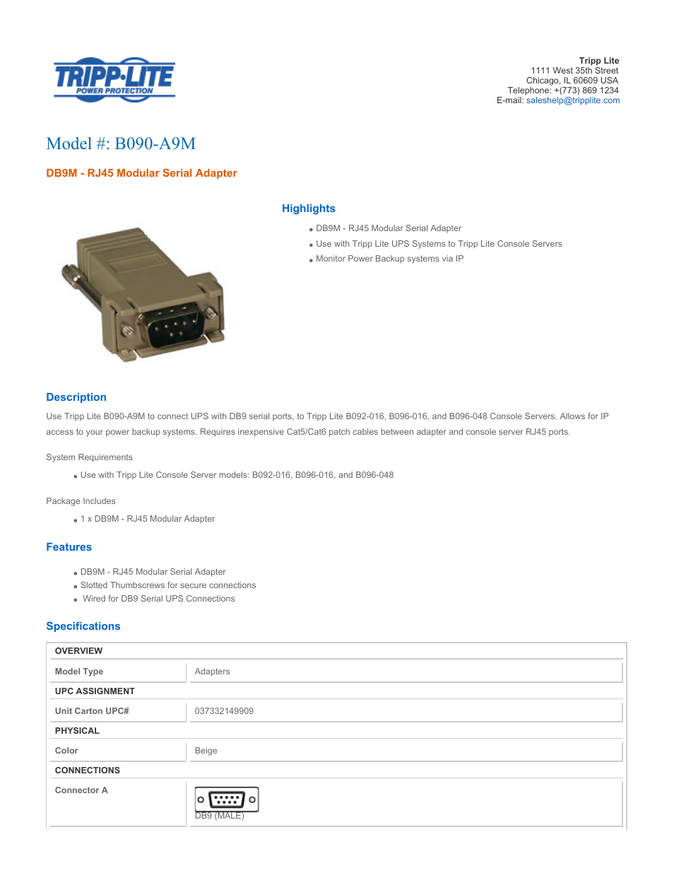 Tripp Lite DB9M User Manual | 2 pages