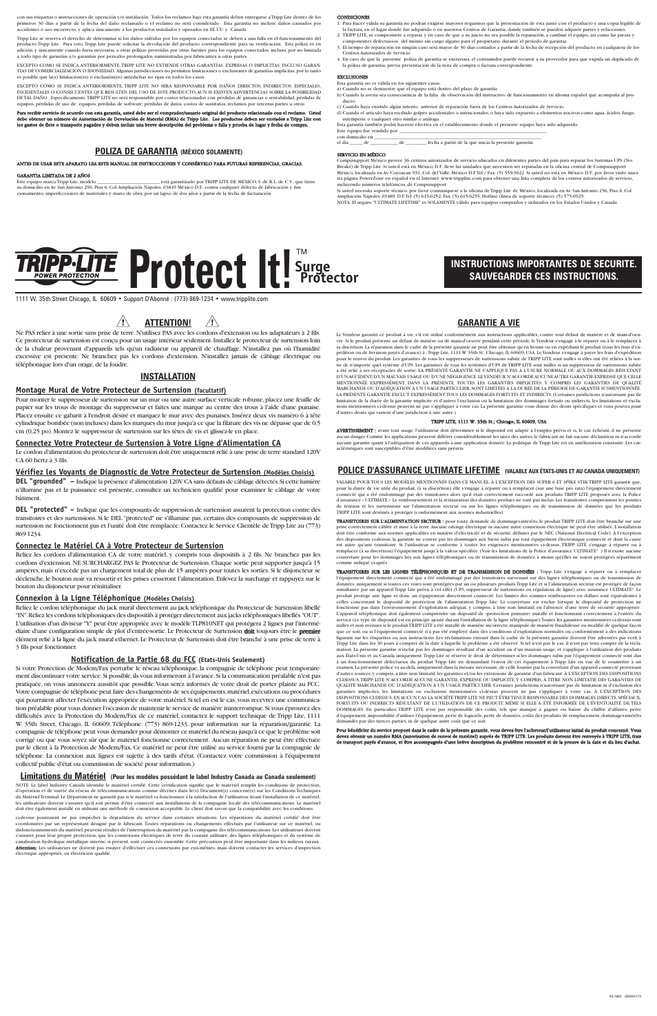 Protect it, Surge protector, Poliza de garantia | Attention, Installation, Limitations du matériel, Garantie a vie, Police d'assurance ultimate lifetime, Montage mural de votre protecteur de surtension, Connexion à la ligne téléphonique | Tripp Lite Protect It! 200204173 User Manual | Page 2 / 2