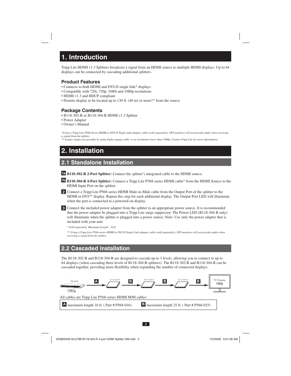 Introduction, Installation, 1 standalone installation | 2 cascaded installation | Tripp Lite B118-304-R User Manual | Page 2 / 5