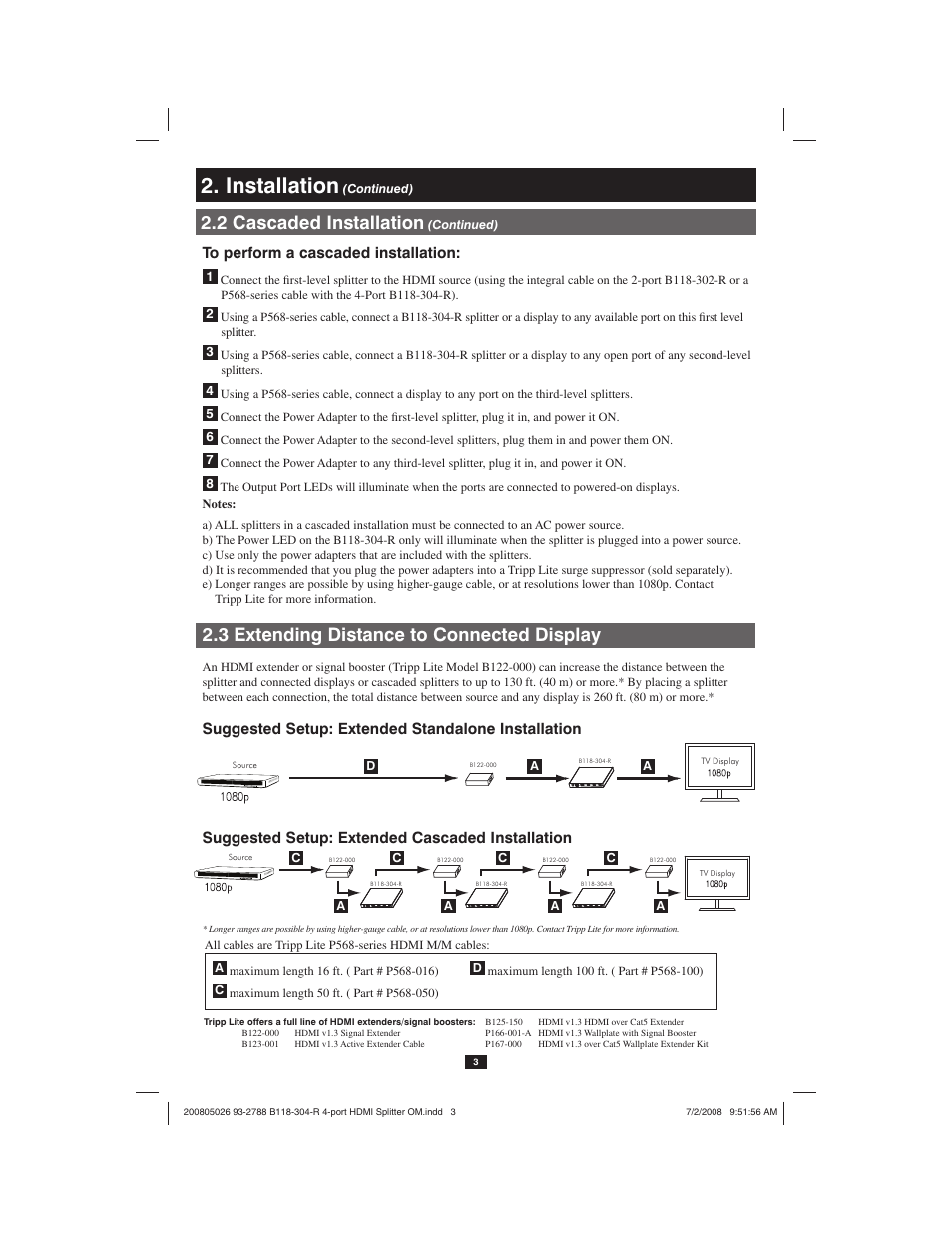 Installation, 3 extending distance to connected display, 2 cascaded installation | Tripp Lite B118-304-R User Manual | Page 3 / 5