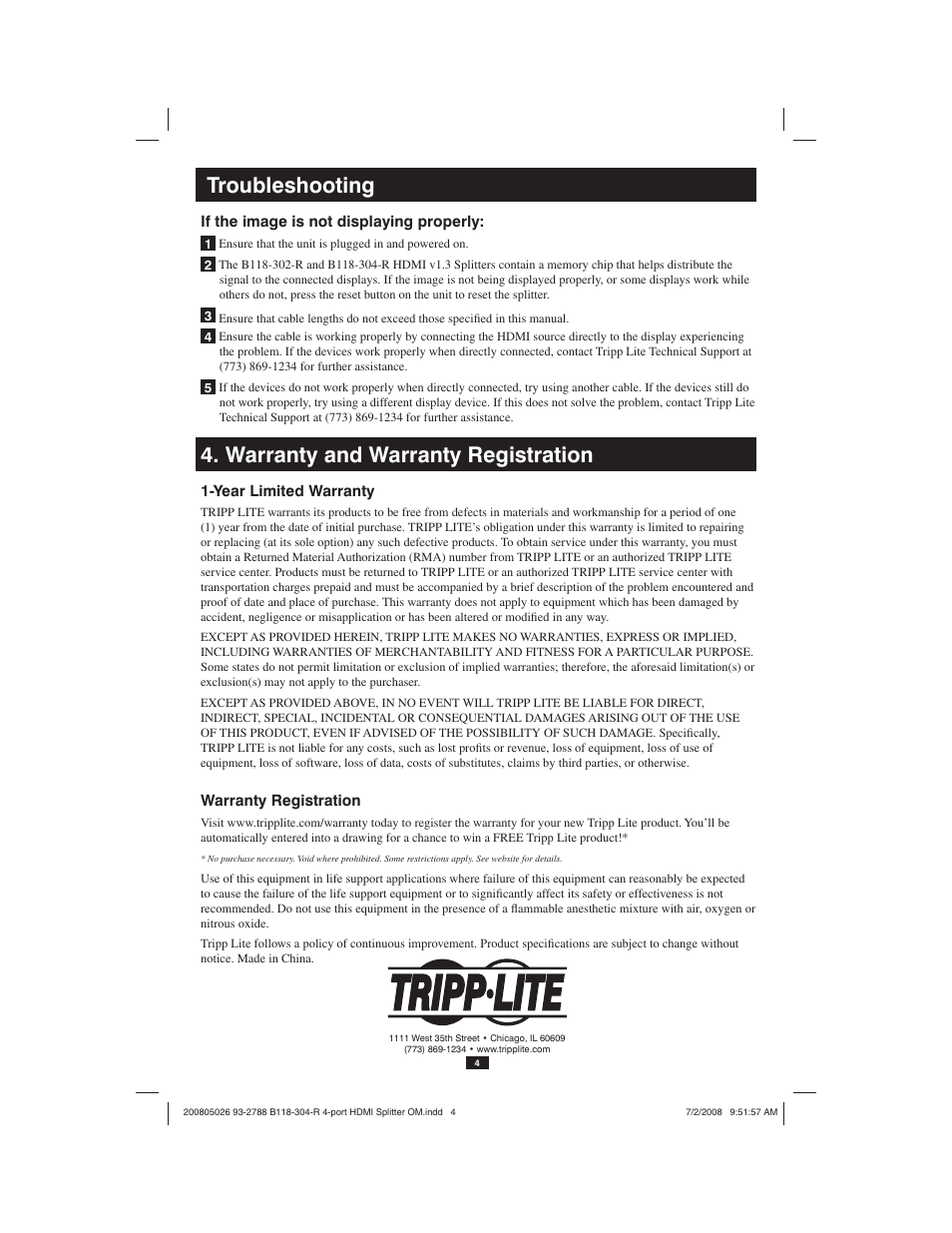 Troubleshooting, Warranty and warranty registration | Tripp Lite B118-304-R User Manual | Page 4 / 5