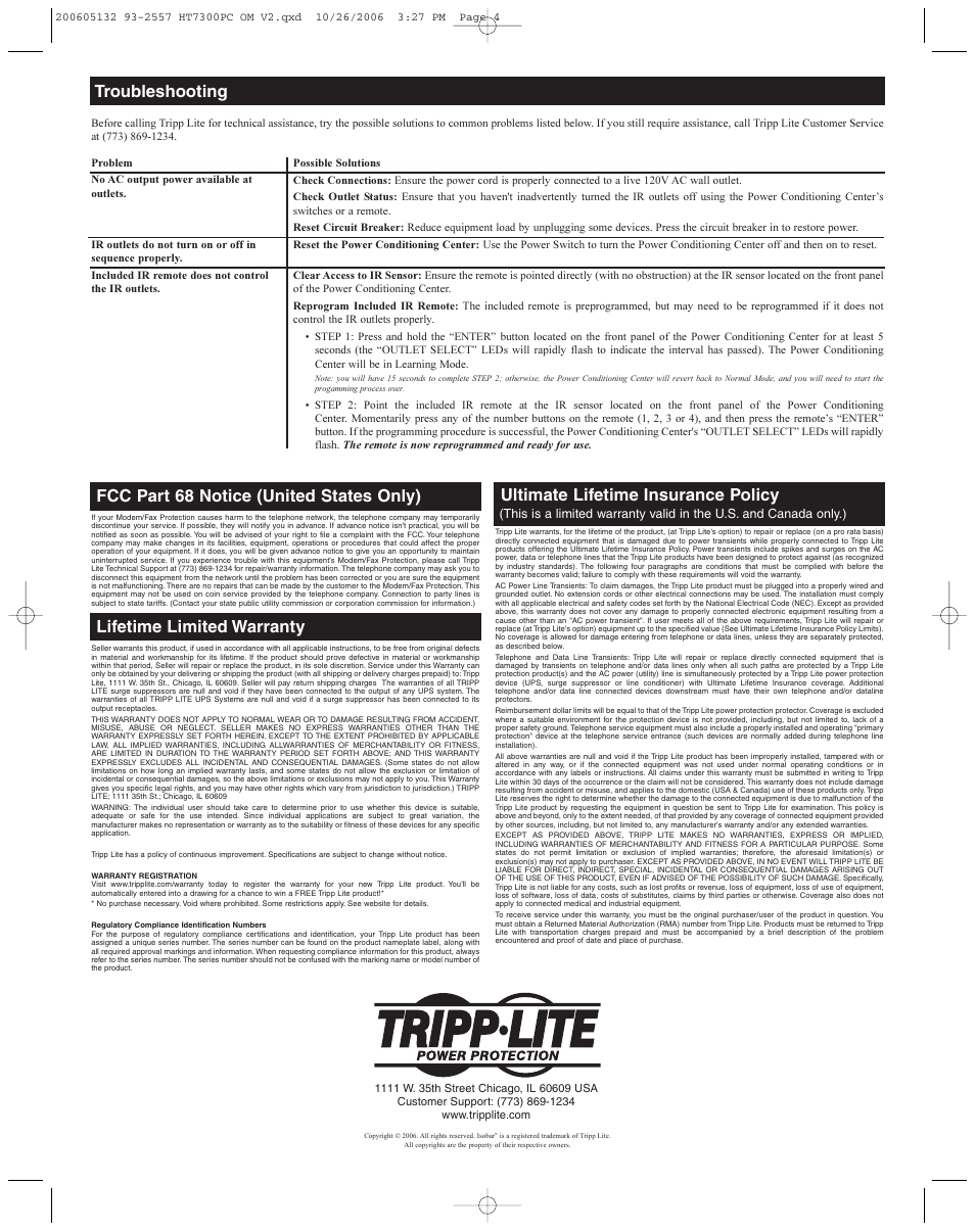 Fcc part 68 notice (united states only), Lifetime limited warranty, Ultimate lifetime insurance policy | Troubleshooting | Tripp Lite isobar HT7300PC User Manual | Page 4 / 5