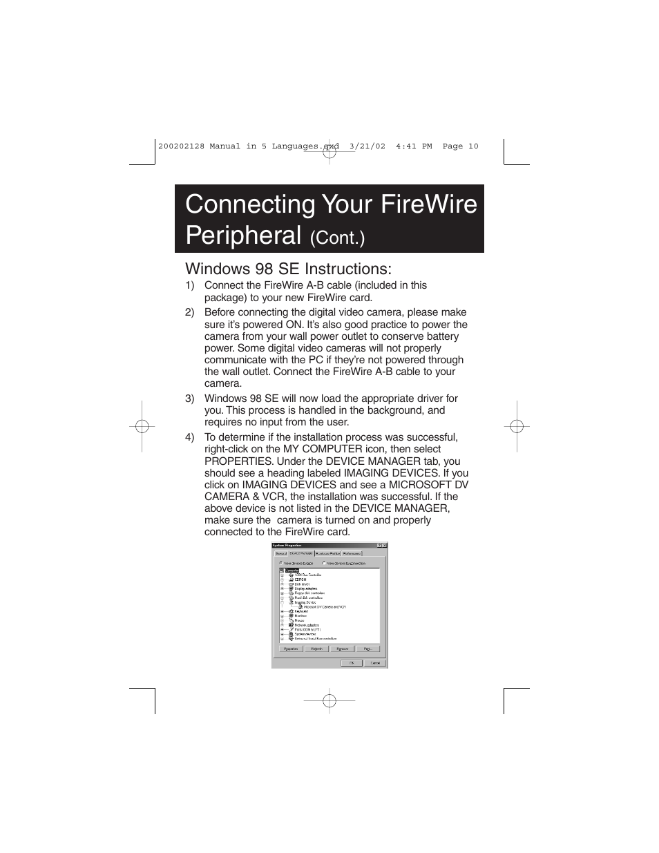 Connecting your firewire peripheral, Cont.), Windows 98 se instructions | Tripp Lite F200-003-R User Manual | Page 10 / 75