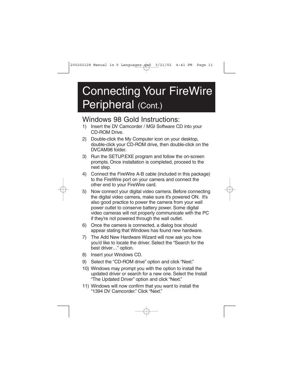 Connecting your firewire peripheral, Cont.), Windows 98 gold instructions | Tripp Lite F200-003-R User Manual | Page 11 / 75