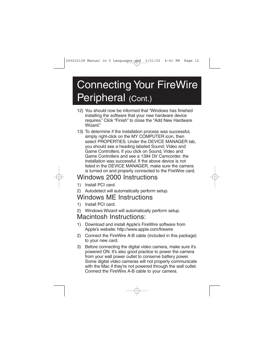 Connecting your firewire peripheral, Cont.), Windows 2000 instructions | Windows me instructions, Macintosh instructions | Tripp Lite F200-003-R User Manual | Page 12 / 75