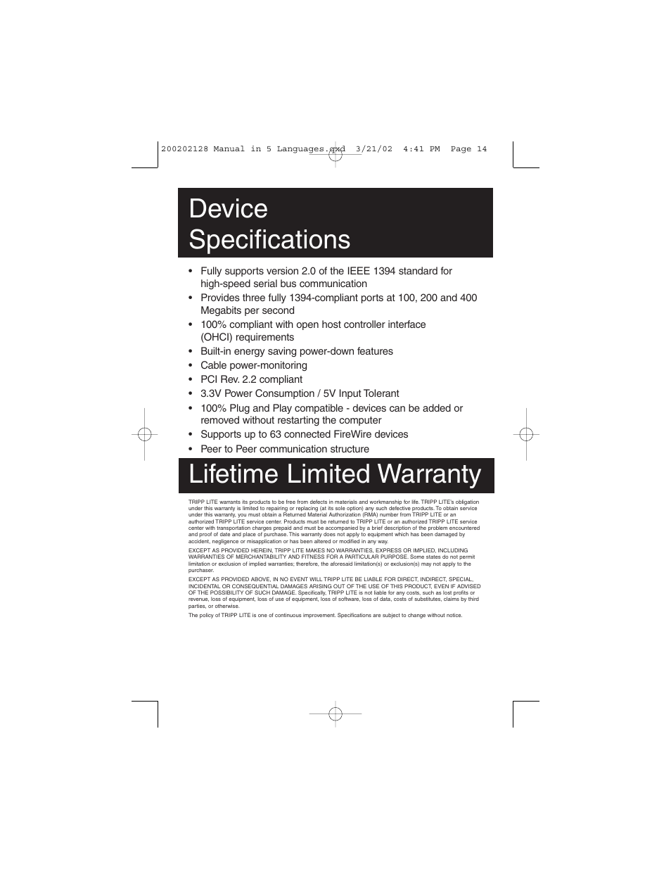 Device specifications, Lifetime limited warranty | Tripp Lite F200-003-R User Manual | Page 14 / 75