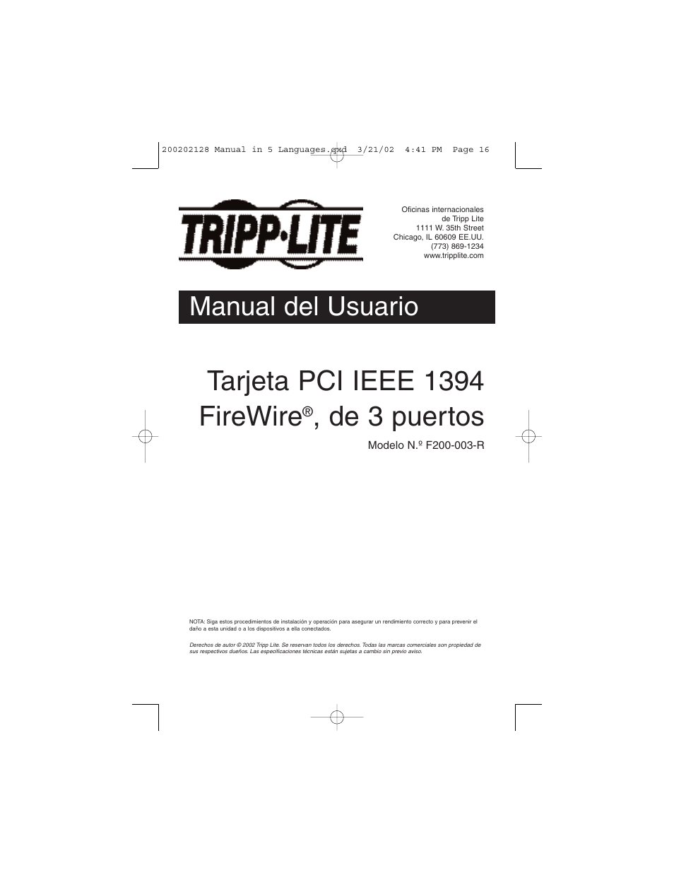 Tarjeta pci ieee 1394 firewire, De 3 puertos, Manual del usuario | Tripp Lite F200-003-R User Manual | Page 16 / 75