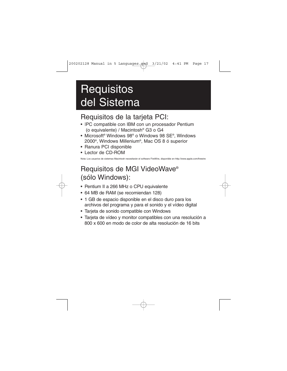 Requisitos del sistema, Requisitos de la tarjeta pci, Requisitos de mgi videowave | Sólo windows) | Tripp Lite F200-003-R User Manual | Page 17 / 75