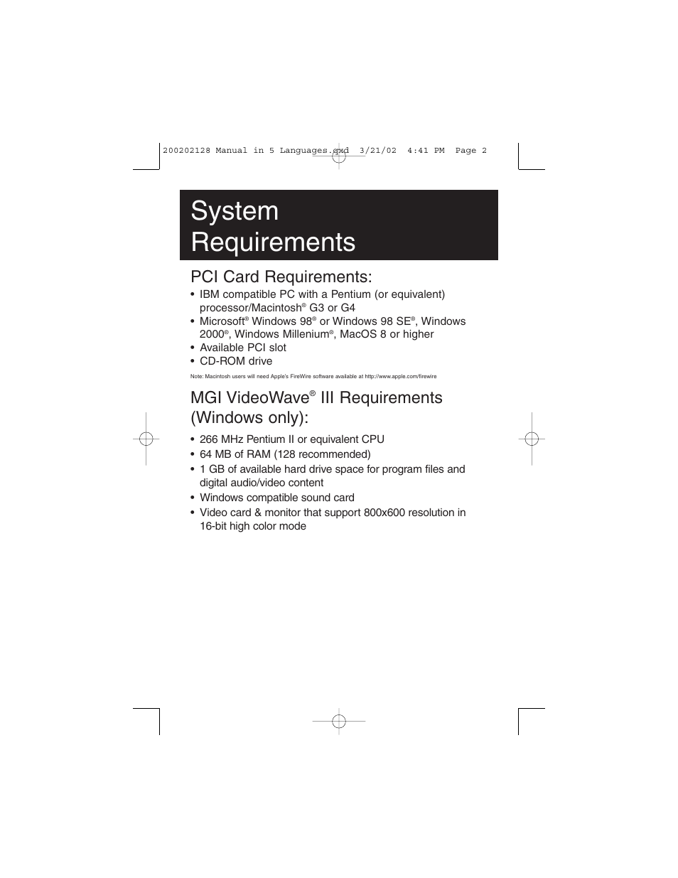 System requirements, Pci card requirements, Mgi videowave | Iii requirements (windows only) | Tripp Lite F200-003-R User Manual | Page 2 / 75