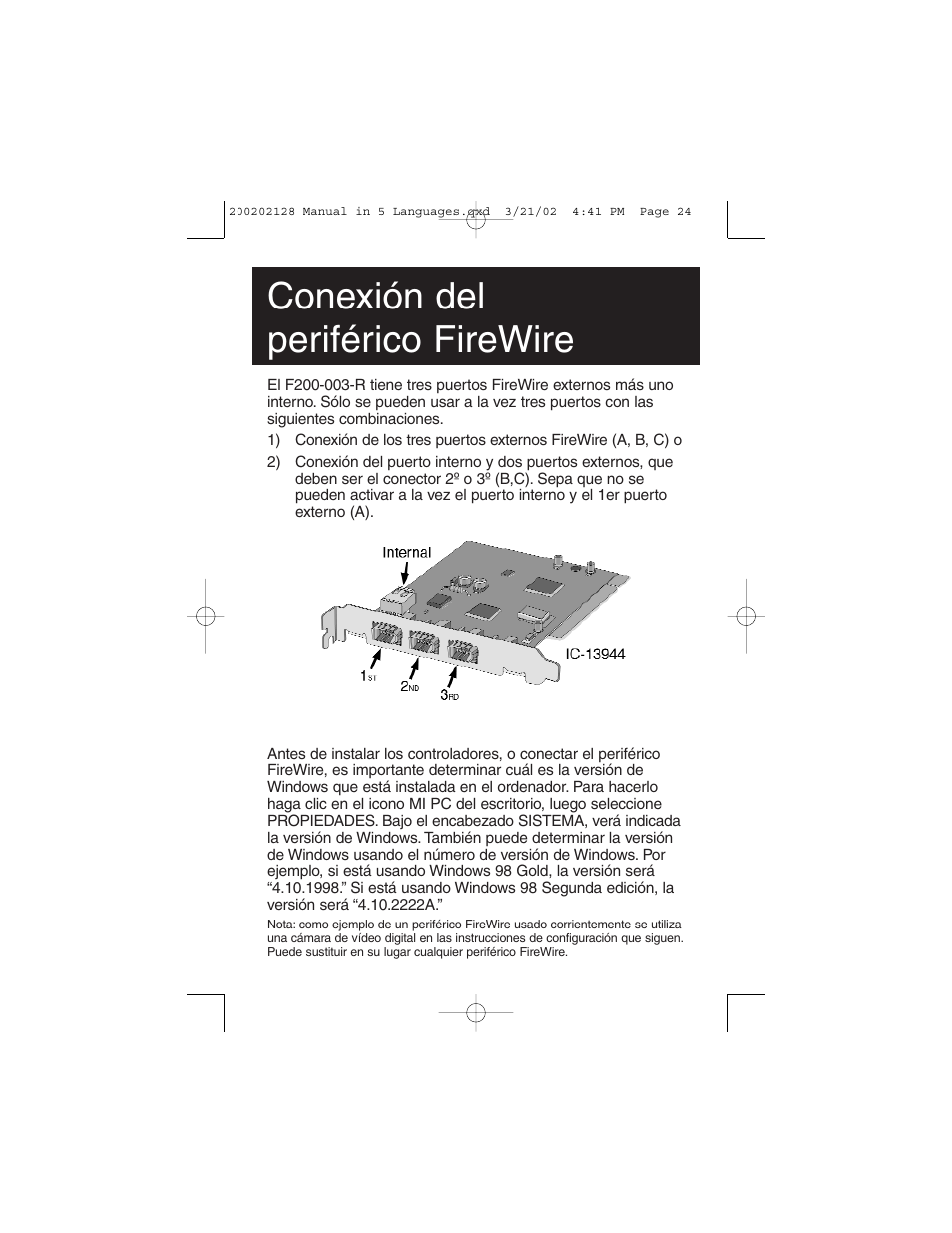 Conexión del periférico firewire | Tripp Lite F200-003-R User Manual | Page 24 / 75