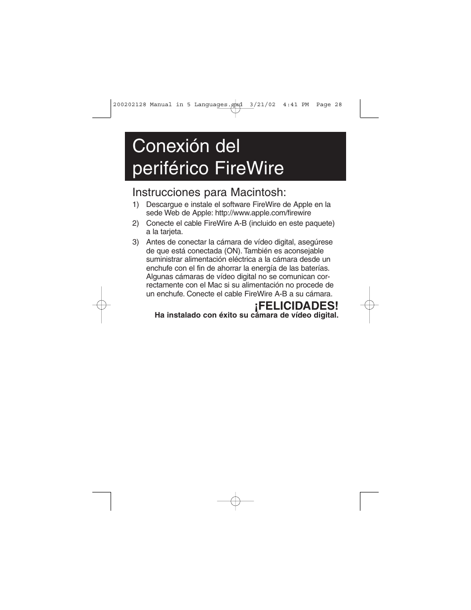 Conexión del periférico firewire, Instrucciones para macintosh, Felicidades | Tripp Lite F200-003-R User Manual | Page 28 / 75