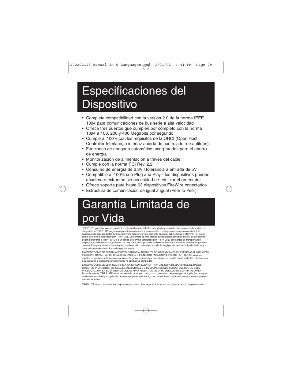 Especificaciones del dispositivo, Garantía limitada de por vida | Tripp Lite F200-003-R User Manual | Page 29 / 75