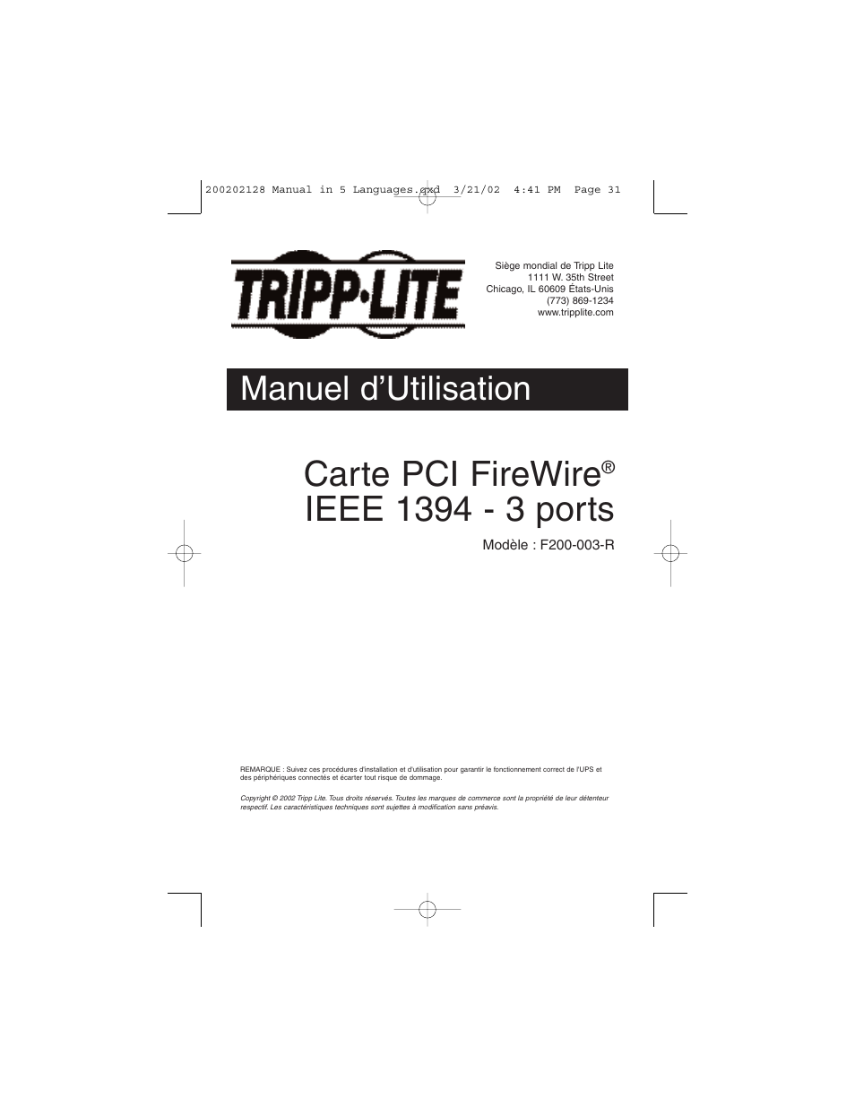 Carte pci firewire, Manuel d’utilisation | Tripp Lite F200-003-R User Manual | Page 31 / 75