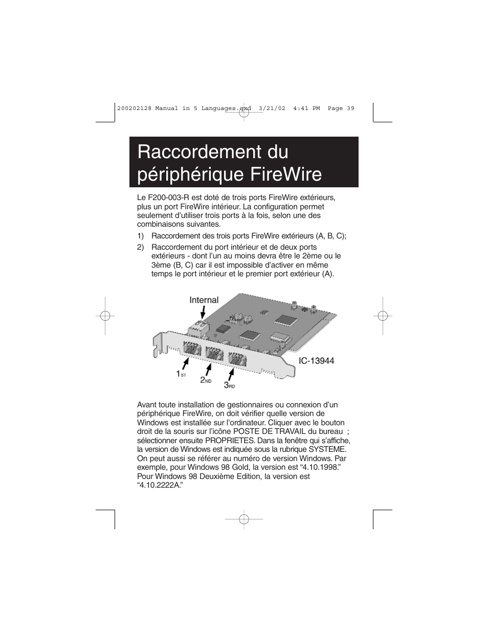 Raccordement du périphérique firewire | Tripp Lite F200-003-R User Manual | Page 39 / 75