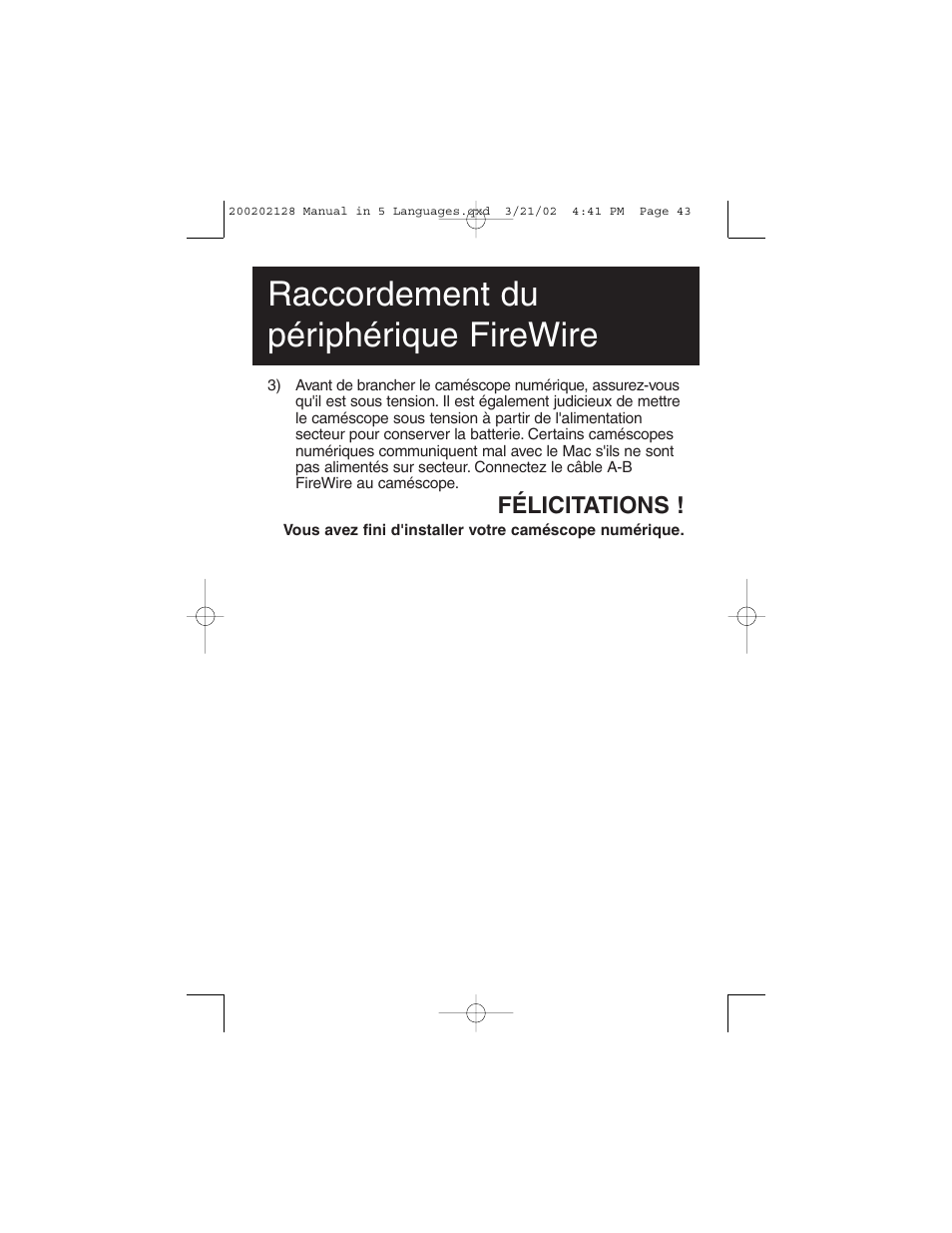 Raccordement du périphérique firewire, Félicitations | Tripp Lite F200-003-R User Manual | Page 43 / 75