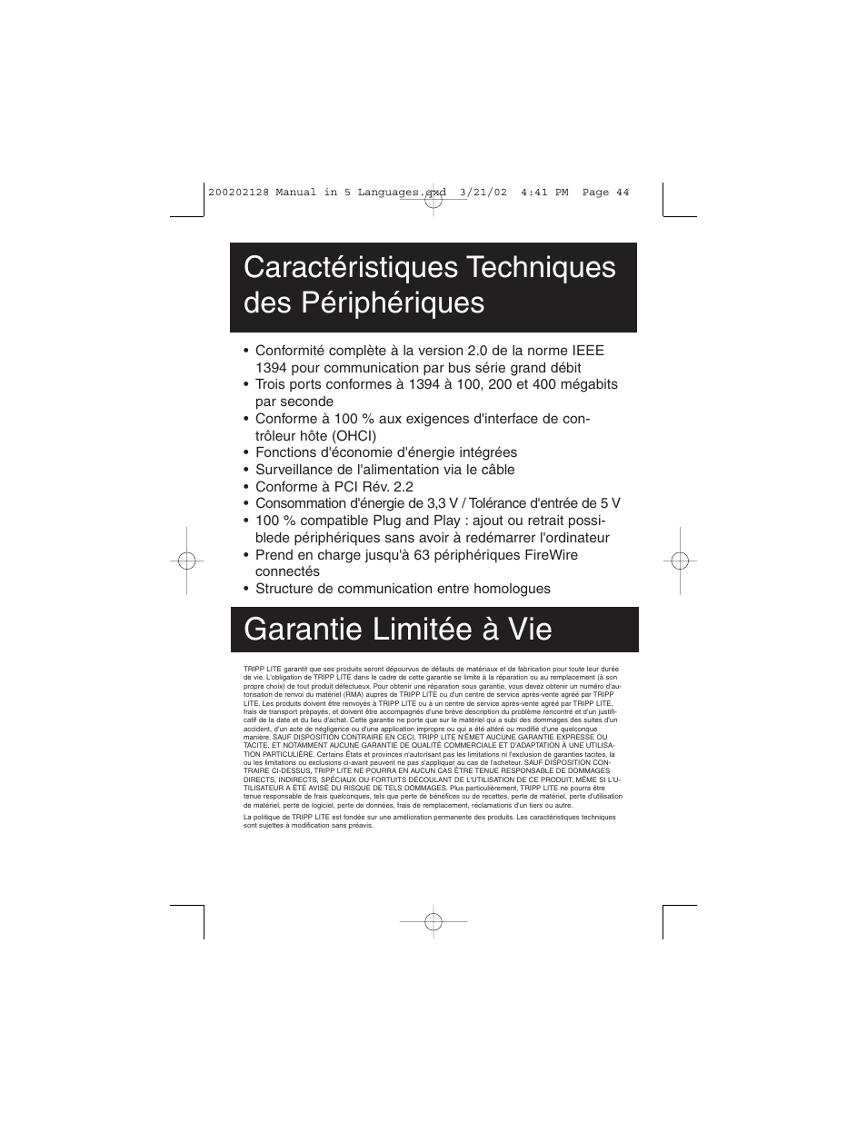 Garantie limitée à vie, Caractéristiques techniques des périphériques | Tripp Lite F200-003-R User Manual | Page 44 / 75