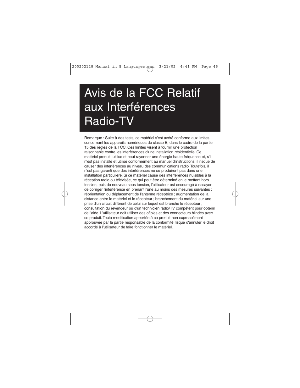 Avis de la fcc relatif aux interférences radio-tv | Tripp Lite F200-003-R User Manual | Page 45 / 75